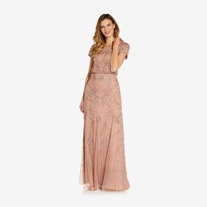 Adrianna Papell Short Sleeve Blouson Beaded Gown In Blush